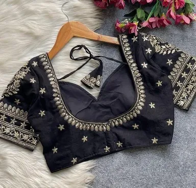 Black Art Silk Blouse With Heavy Handcrafted Zardosi And Sequins Embroidery Featuring Intricate Star Motifs And Sweetheart Neckline Black XL thumbnail 2