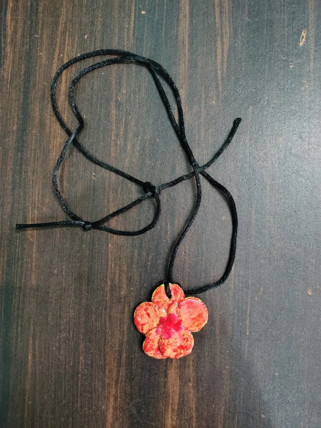 Handmade Coral Red and Pink Flower Clay Pendant Necklace with Adjustable Black Cord Floral Blossom Charm Jewellery for Women Girls Teens Boho Handmade Gift Necklace image 1