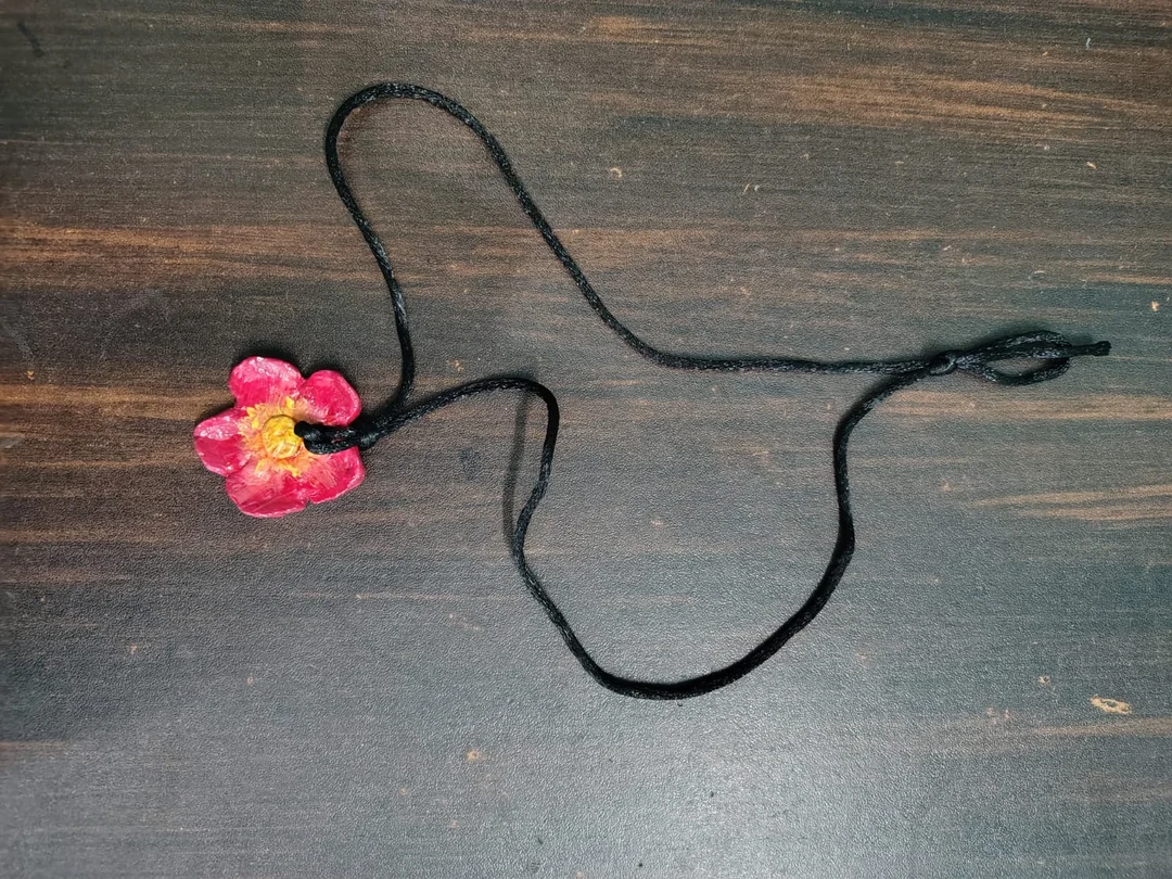 Handmade Reddish Pink Flower Clay Pendant Necklace with Yellow Centre Adjustable Black Cord Cute Floral Blossom Charm Jewellery for Women Girls Teens Boho Gift Necklace image 1