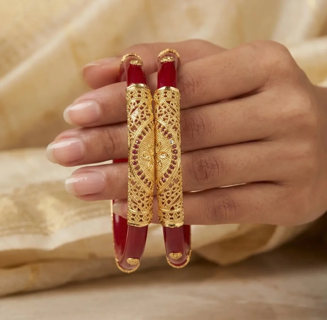 Red Pola Bangle Pair with Golden Filigree Design | Traditional Bengali Jewellery | Bhabyam Red 2.6 image 3