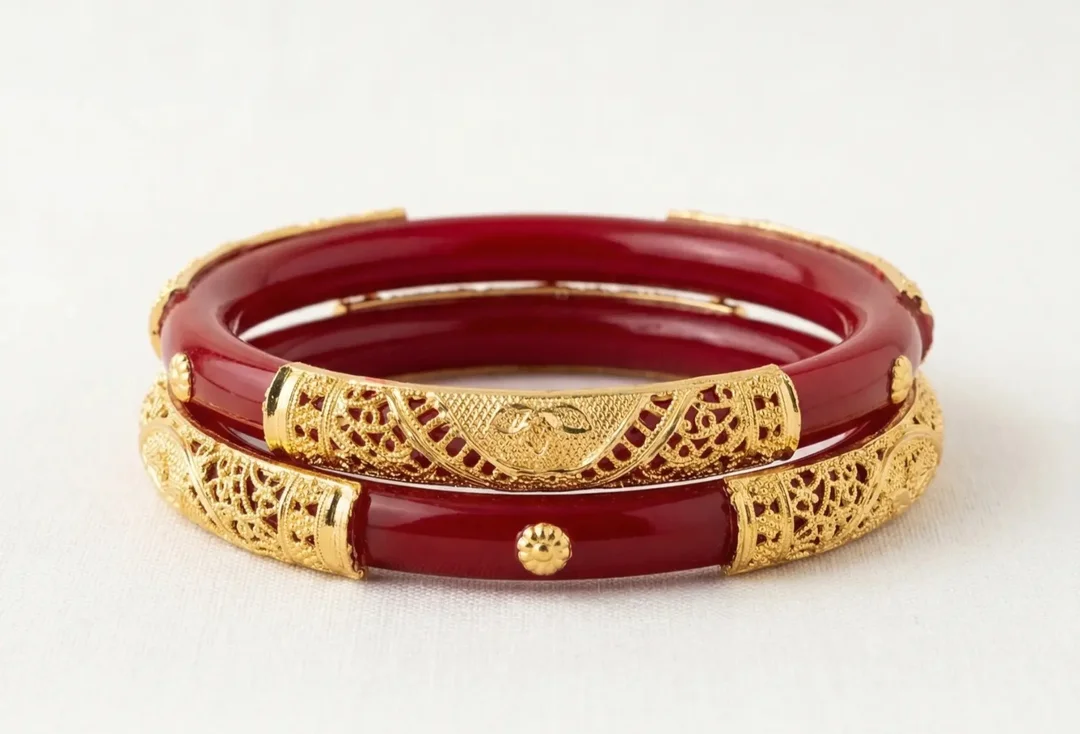 Red Pola Bangle Pair with Golden Filigree Design | Traditional Bengali Jewellery | Bhabyam Red 2.6 image 4