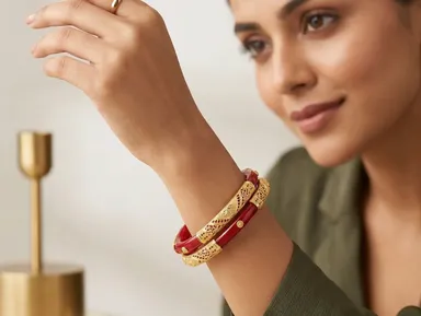 Red Pola Bangle Pair with Golden Filigree Design | Traditional Bengali Jewellery | Bhabyam Red 2.6 thumbnail 1