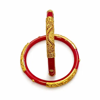 Red Pola Bangle Pair with Golden Filigree Design | Traditional Bengali Jewellery | Bhabyam Red 2.8 thumbnail 0