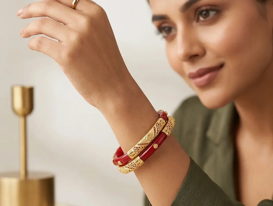 Red Pola Bangle Pair with Golden Filigree Design | Traditional Bengali Jewellery | Bhabyam Red 2.8 image 2
