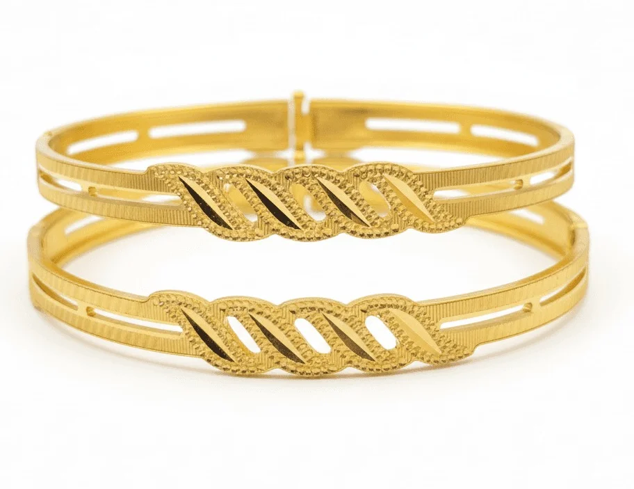 Leaf Pattern Modern Robotic Cut Bangle Pairs Gold 2.6 image 2