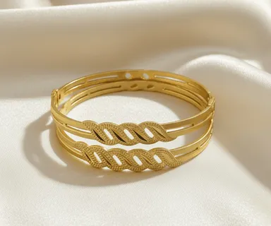 Leaf Pattern Modern Robotic Cut Bangle Pairs Gold 2.8 thumbnail 1