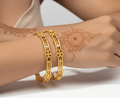 Traditional Floral Bangle Pair | Gold Plated Ethnic Bangles | Bhabyam Jewellery Gold 2.6 thumbnail 2