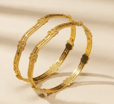 Traditional Floral Bangle Pair | Gold Plated Ethnic Bangles | Bhabyam Jewellery Gold 2.8 thumbnail 1