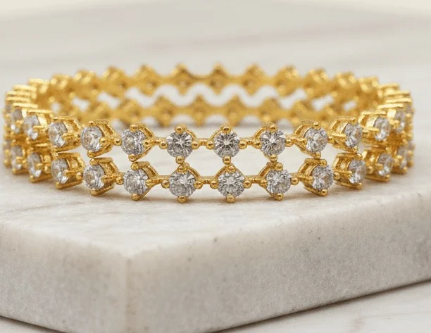Diamond Cut Stone Studded Bangles by Bhabyam Jewellery. Premium craftsmanship, traditional design, and perfect for festive and wedding wear. Diamond Cut Stone  2.10 image 3