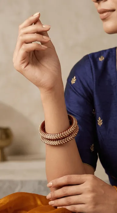 Red Pola Bangle Pair with elegant golden leaf border. Perfect for weddings, festivals, pooja, and ethnic wear. Shop online at Bhabyam Jeweller Red 2.6 thumbnail 0