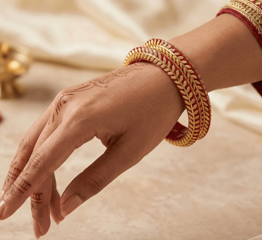 Red Pola Bangle Pair with elegant golden leaf border. Perfect for weddings, festivals, pooja, and ethnic wear. Shop online at Bhabyam Jeweller Red 2.8 image 2