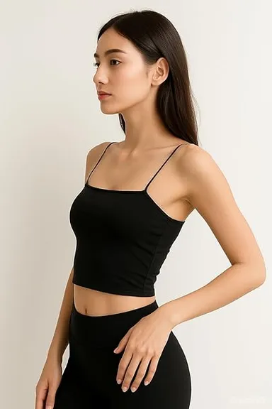 Women’s Lightly Padded Spaghetti Strap Crop Top Black 30B thumbnail 1