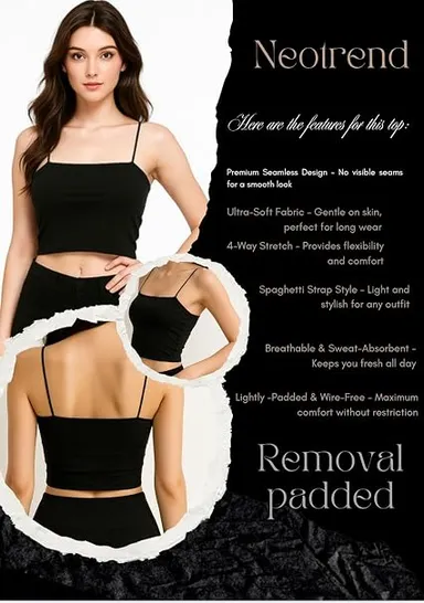 Women’s Lightly Padded Spaghetti Strap Crop Top Black 34A thumbnail 5