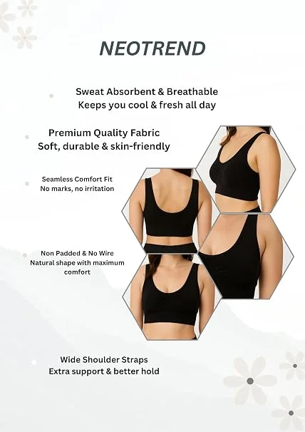 Women's Seamless Breathable Comfort Sports Bra with Wide Straps for Yoga and Everyday Activewear | Black BLACK 32B image 4