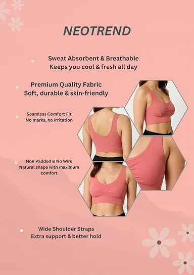 Seamless Comfortable Wireless Daily Wear Sports Bra for Women - Dusty Rose Breathable Stretchable Fitness Top  CORAL 32A thumbnail 3