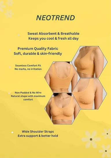 Women's Seamless Comfortable Wire-Free Everyday Yoga Sports Bra in Light Peach SKIN 28B thumbnail 3