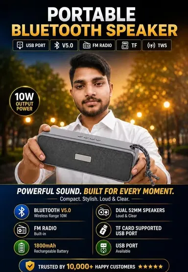 Portable Bluetooth Speaker 10W Super Bass | Type-C Fast Charging, FM Radio, USB & TF Card Support | Wireless Speaker for Mobile, Laptop & Tablet thumbnail 2