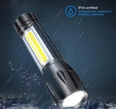 Rechargeable LED Torch Light with COB Side Light | USB Charging, Zoomable Waterproof Flashlight for Emergency & Power Cut thumbnail 2