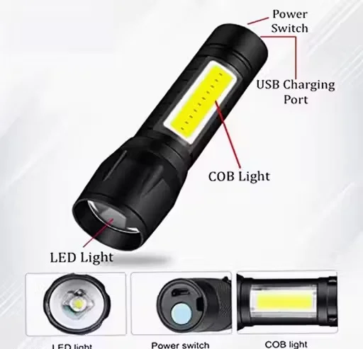 Rechargeable LED Torch Light Pack of 2 | USB Rechargeable Zoomable Flashlight with COB Side Light | Waterproof Mini Torch image 3