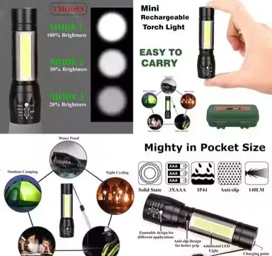 Rechargeable LED Torch Light Pack of 2 | USB Rechargeable Zoomable Flashlight with COB Side Light | Waterproof Mini Torch thumbnail 3