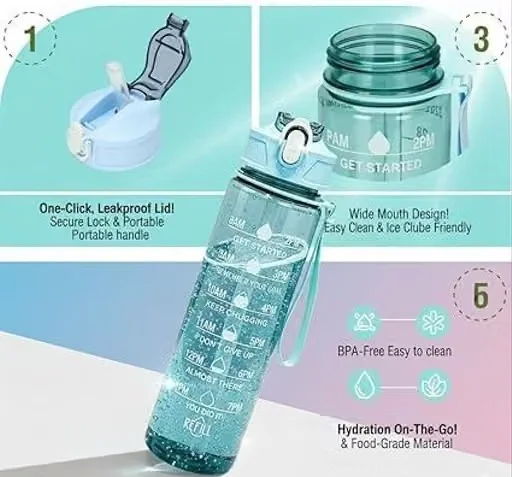 Motivational Water Bottle 1 Litre with Time Marker | BPA Free Leakproof Sipper Bottle with Straw for Gym, Office, School & Travel | 1000ml Multicolor (Pack of 1) image 3