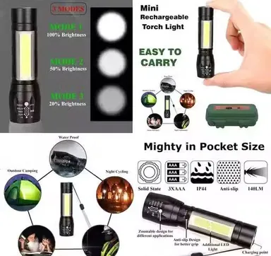 Mini Rechargeable LED Torch Light Pack of 2 | USB Rechargeable Zoomable Flashlight with COB Side Light | Waterproof Emergency Torch thumbnail 2