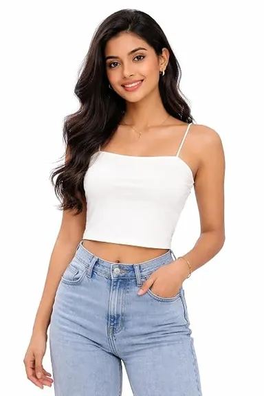 Seamless Crop Bra for Women | Square Neck Lightly Padded Bra with Removable Pads | Stretchable Everyday Crop Top Bra | White White 28A thumbnail 0