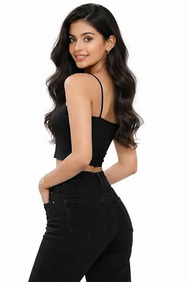 Women's Solid Black Spaghetti Strap Square Neck Cropped Camisole Top BLACK 30A thumbnail 1