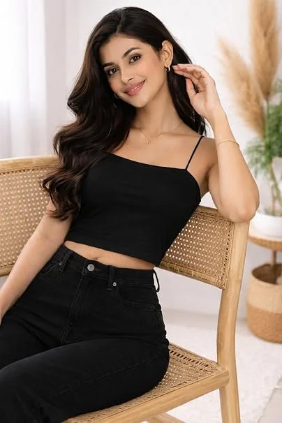 Women's Solid Black Spaghetti Strap Square Neck Cropped Camisole Top BLACK 30A image 6