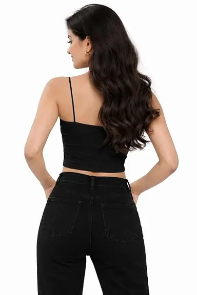 Women's Solid Black Spaghetti Strap Square Neck Cropped Camisole Top BLACK 32A thumbnail 2