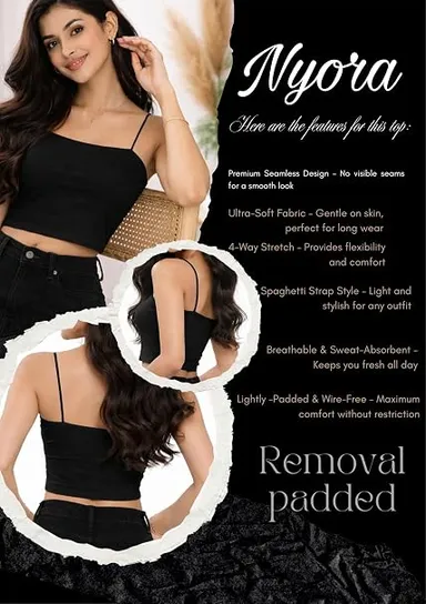 Women's Solid Black Spaghetti Strap Square Neck Cropped Camisole Top BLACK 32A thumbnail 3