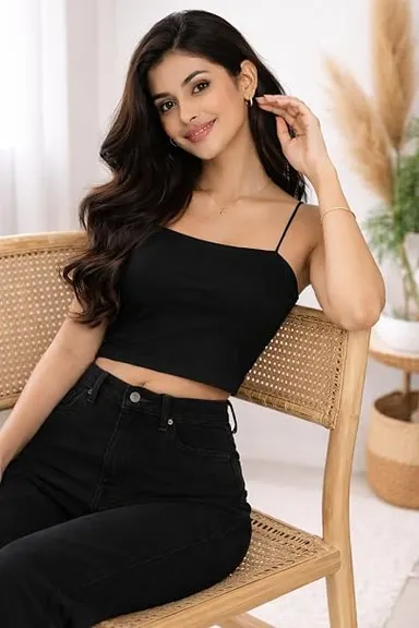 Women's Solid Black Spaghetti Strap Square Neck Cropped Camisole Top BLACK 32A thumbnail 5