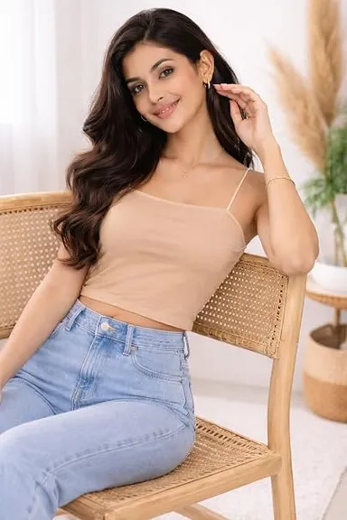 Beige Slim-Fit Spaghetti Strap Square-Neck Cotton Blend Cropped Camisole Top for Women SKIN 28B thumbnail 5