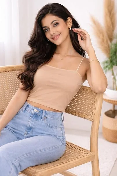 Beige Slim-Fit Spaghetti Strap Square-Neck Cotton Blend Cropped Camisole Top for Women SKIN 30B image 6