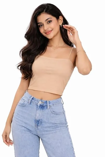 Beige Slim-Fit Spaghetti Strap Square-Neck Cotton Blend Cropped Camisole Top for Women SKIN 32B image 5
