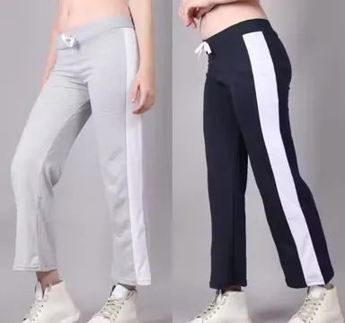 Women's Cotton Track Pants Straight Fit Striped Joggers pack of 2 Black- Grey XXL thumbnail 0