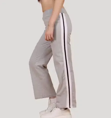 Women's Cotton Straight Fit Track Pants with Side Stripe | Elastic Waist Gym Yoga Joggers Black - Grey L thumbnail 1