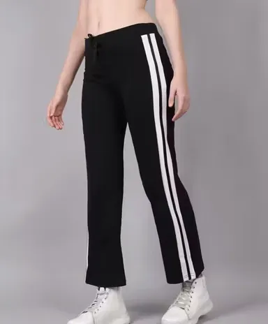 Women's Cotton Straight Fit Track Pants with Side Stripe | Elastic Waist Gym Yoga Joggers Black - Grey L thumbnail 2