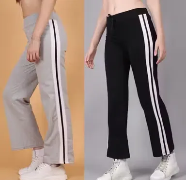 Women's Cotton Straight Fit Track Pants with Side Stripe | Elastic Waist Gym Yoga Joggers Black - Grey XXL thumbnail 0