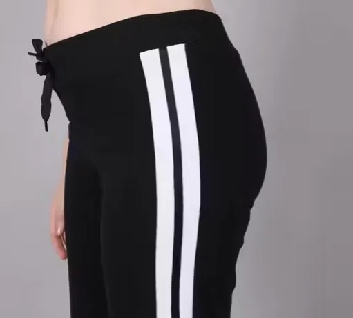 Women's Cotton Straight Fit Track Pants with Side Stripe | Elastic Waist Joggers for Gym, Yoga & Casual Wear Black XL image 2