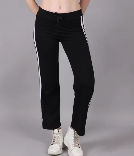 Women's Cotton Straight Fit Track Pants with Side Stripe | Elastic Waist Joggers for Gym, Yoga & Casual Wear Black XL image 3