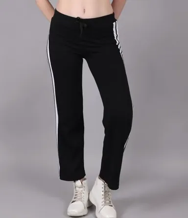 Women's Cotton Straight Fit Track Pants with Side Stripe | Elastic Waist Joggers for Gym, Yoga & Casual Wear Black XL thumbnail 3