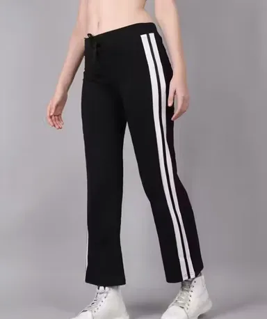 Women's Cotton Straight Fit Track Pants with Side Stripe | Elastic Waist Joggers for Gym, Yoga & Casual Wear Black XXL thumbnail 0