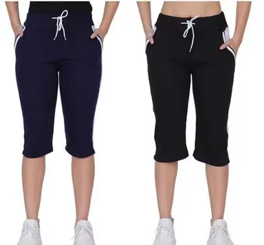 Women's Sports Shorts Combo Pack of 2 | Cotton Gym & Night Shorts for Women | Knee-Length Daily Wear Shorts | Stylish Designer Capri Half Pant Combo | Breathable Hosiery Shorts for Workout, Yoga & Casual Use Black L thumbnail 0