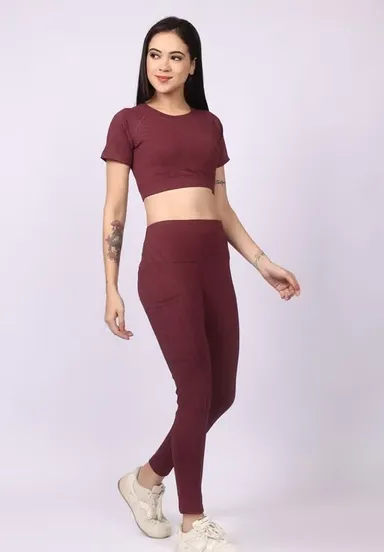 Women's Printed 4-Way Lycra Gym Co-Ord Set with Top & Leggings | Stretchable Activewear for Workout, Yoga & Fitness Maroon XL thumbnail 0