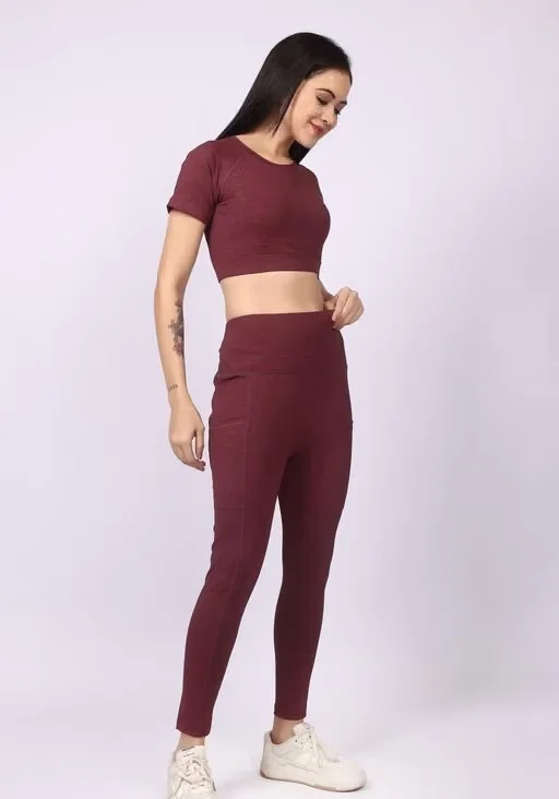 Women's Printed 4-Way Lycra Gym Co-Ord Set with Top & Leggings | Stretchable Activewear for Workout, Yoga & Fitness Maroon XXL image 3