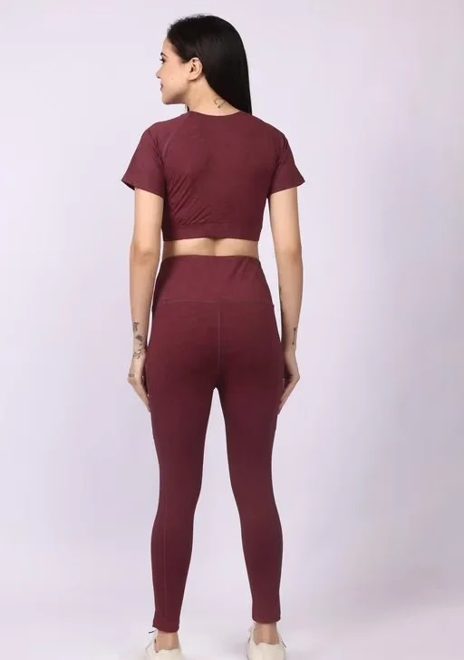 Women's Printed 4-Way Lycra Gym Co-Ord Set with Top & Leggings | Stretchable Activewear for Workout, Yoga & Fitness Maroon XXL image 2