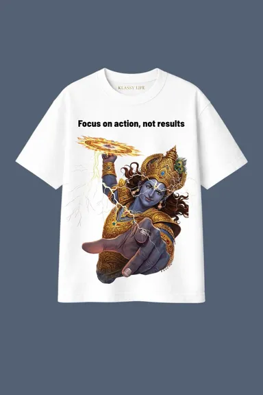 Klassy Life Lord Krishna Karma Yoga Graphic Print Oversized White T-Shirt for Men & Women | Premium Cotton Round Neck Half Sleeve Casual Streetwear White – Oversized L thumbnail 0