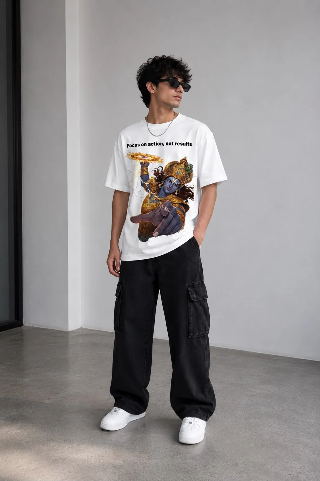 Klassy Life Lord Krishna Karma Yoga Graphic Print Oversized White T-Shirt for Men & Women | Premium Cotton Round Neck Half Sleeve Casual Streetwear White – Oversized XL image 3