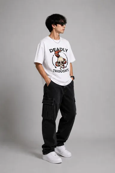 Men's White Oversized Cotton T-Shirt with "Deadly Thought" Skull and Snake Graphic Print White L thumbnail 0